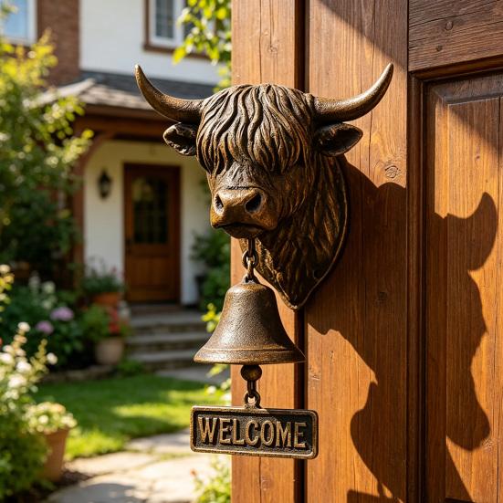 Highland Cow Head Doorbell with Welcome Sign Rustic Wall Mounted Resin Cow Hanging Bell Decor for Farmhouse Porch Entryway Kitchen