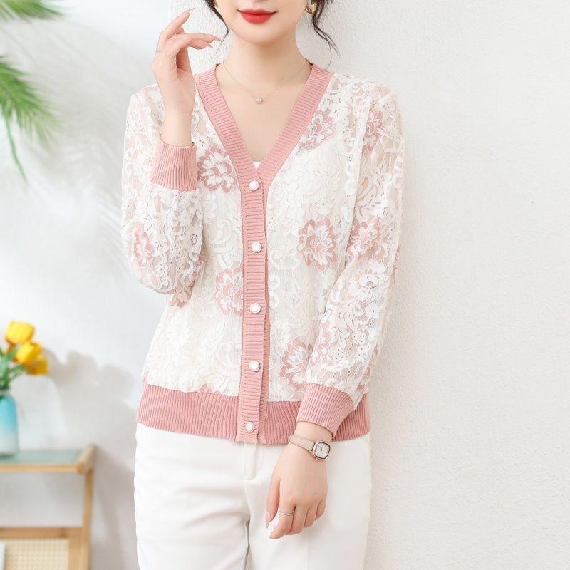 

Вязаный кардиган с V-образным вырезом, куртка, одежда для защиты от солнца для женщин 2025, тонкое кружево, свободный, ажурный, с длинным рукавом, короткий топ S розовый