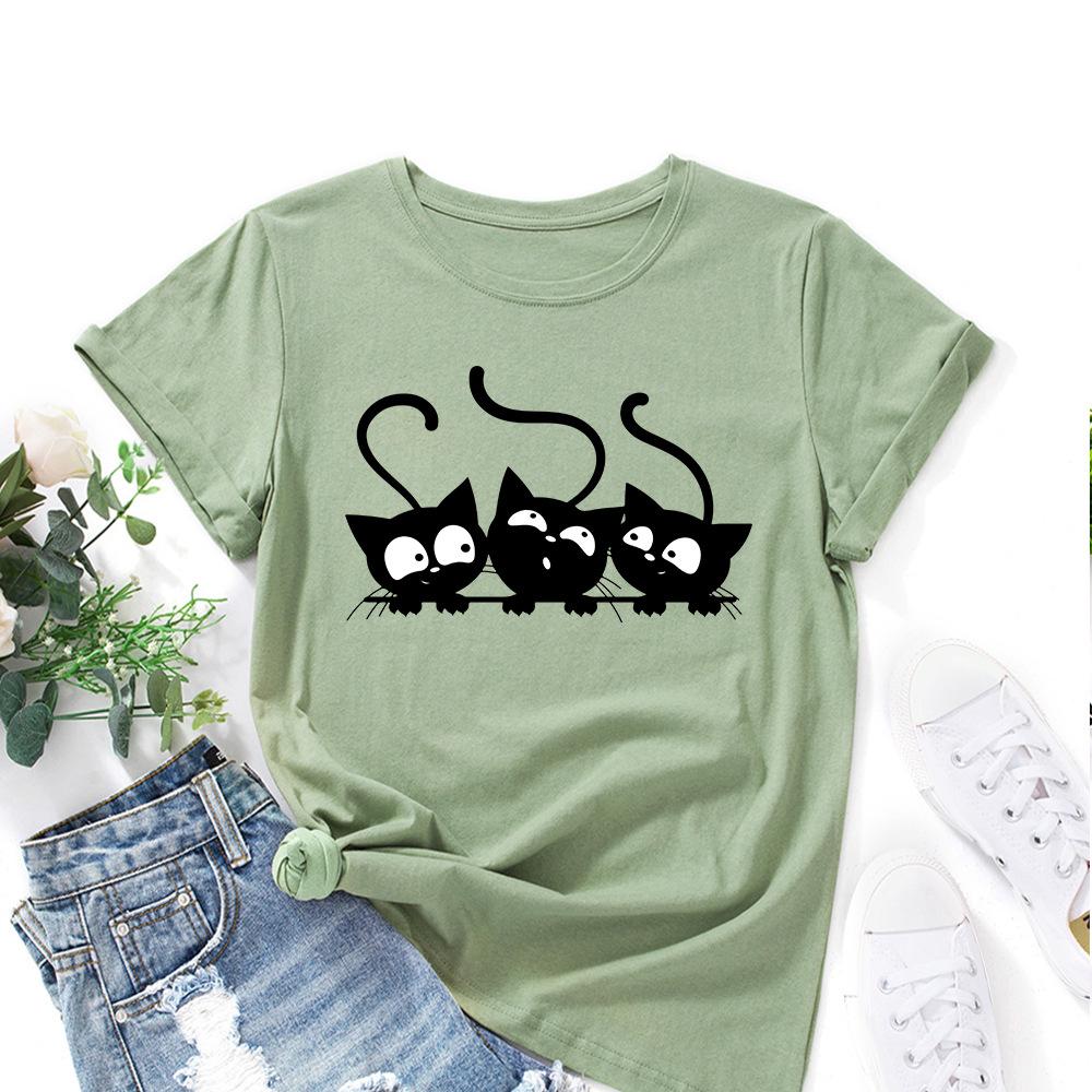 Cotton T-Shirt Short Sleeve Round Neck Women 2d Print Tops
