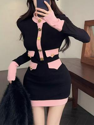 Autumn Winter French Vintage Old Money Long Sleeve Mini Knit Dress Women Party Evening Turtleneck Frocks One-Piece Evening 2000s
