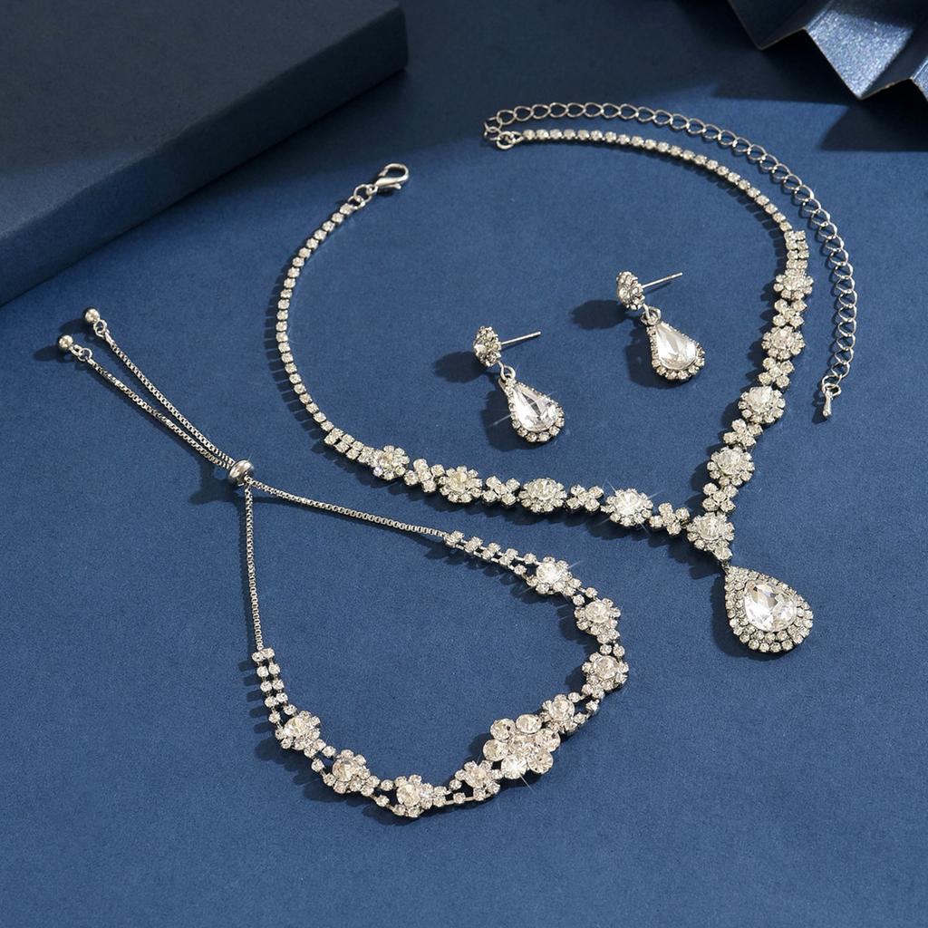 4PC Women's Fashion Water Drop Set Necklace Earrings Bracelet Zircon Set Suitable for Wedding, Party, Festival Gifts