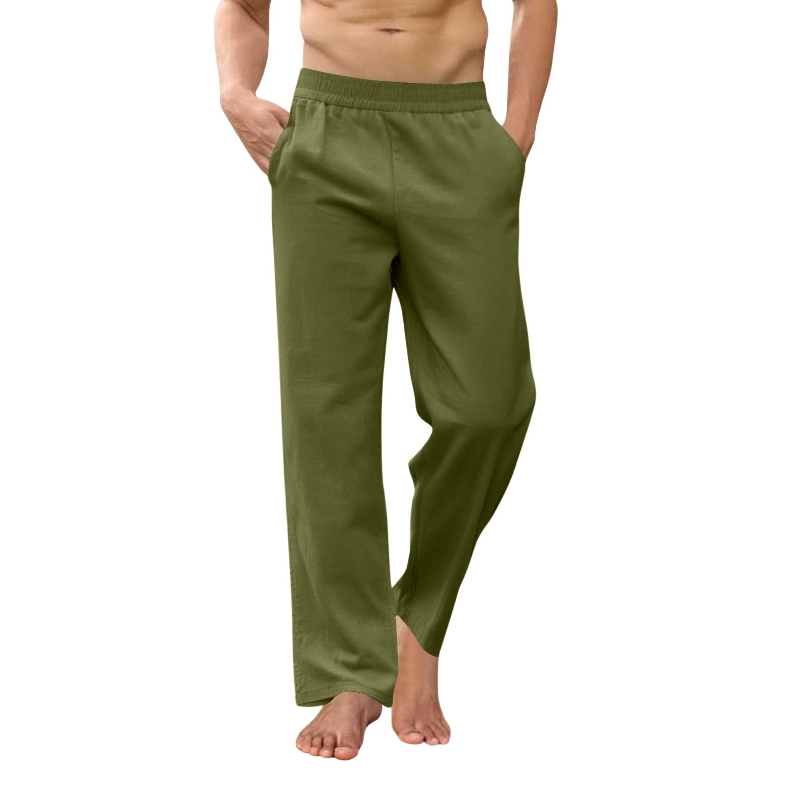 Men s Loose-Fit Casual Cotton-Linen Stretch-Waist Straight-Leg Trousers L