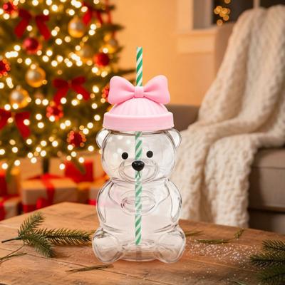 Yousheng Teddy Bear Glass Sippy Cup with Straw BPA-Free 580ml Large Capacity Glass Tumbler for Cold Drinks Homemade Beverage Container