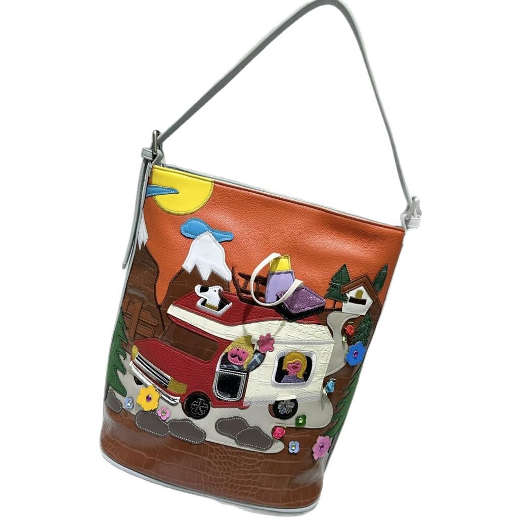 Simple Texture Literary Bucket Bag Women'S 2026 Splicing Embroidery Bag Casual Personality Shoulder Messenger Bag