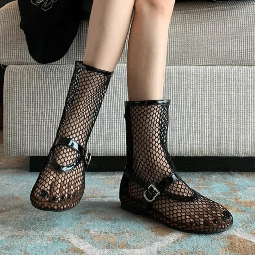 2025 Women's New Mesh Roman Boots Sexy Short Boots Women's 2024 New Black Single Shoes Sandals  sandalen