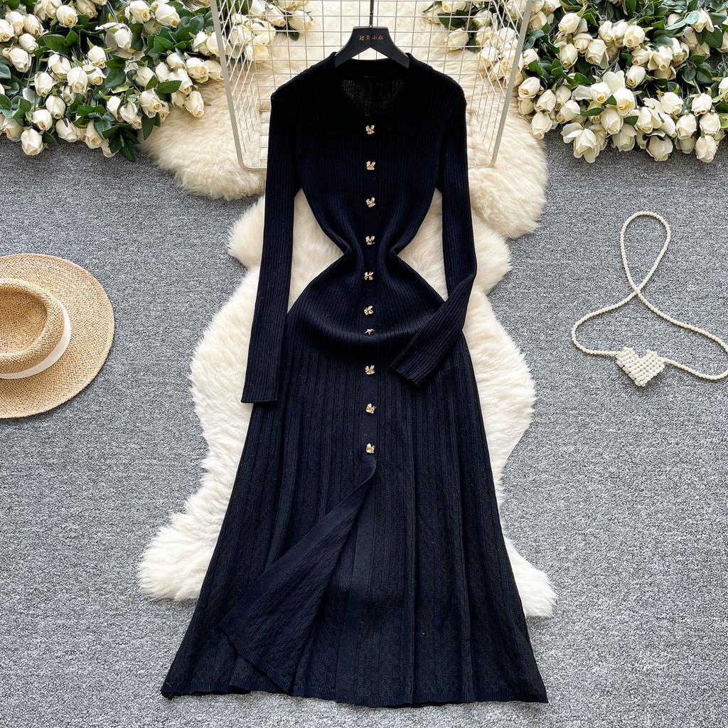 Autumn Winter Women Elegant Polo Collar Knitted Sweater Metal Button Long Maxi Split Pullover Dresses