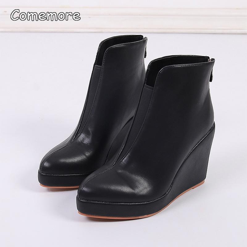 White Women's Platform Ankle Boots Pu Leather Pointed Toe Back Zipper Wedges Heel Fashion Casual Booties Size35-42 Bottes Femmes