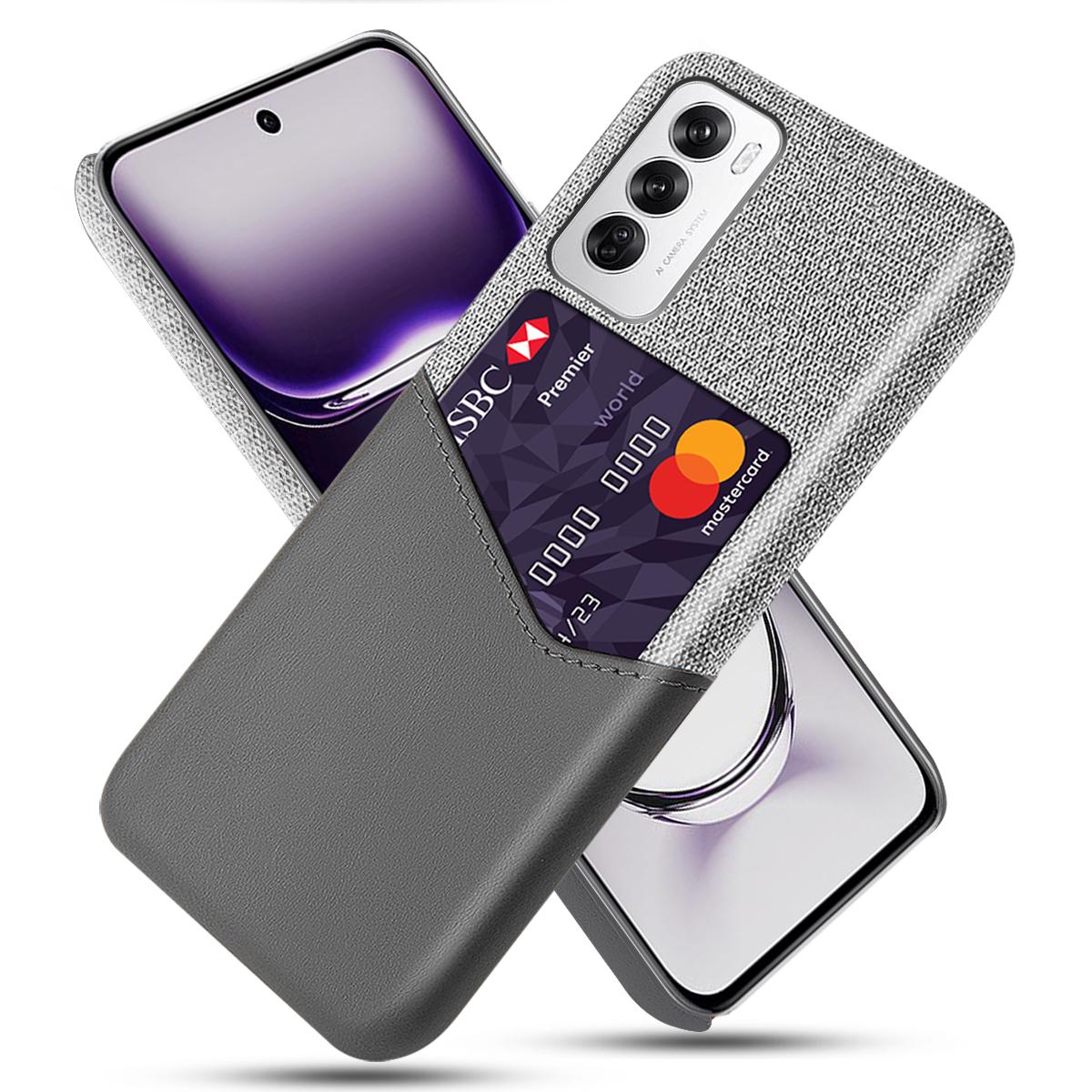 

For Oppo Reno12 5G (Global) Case Cloth Texture PU Leather Hard PC Card Slot Phone Cover Grey