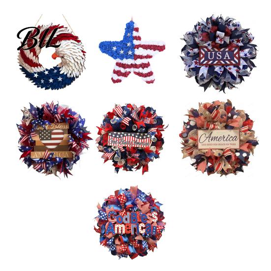 Summer Party Decoration Patriotic Wreath for Front Door Handmade 4th of July Hanger Red White Blue American Wooden Hanging Plaque Wall Porch Memorial