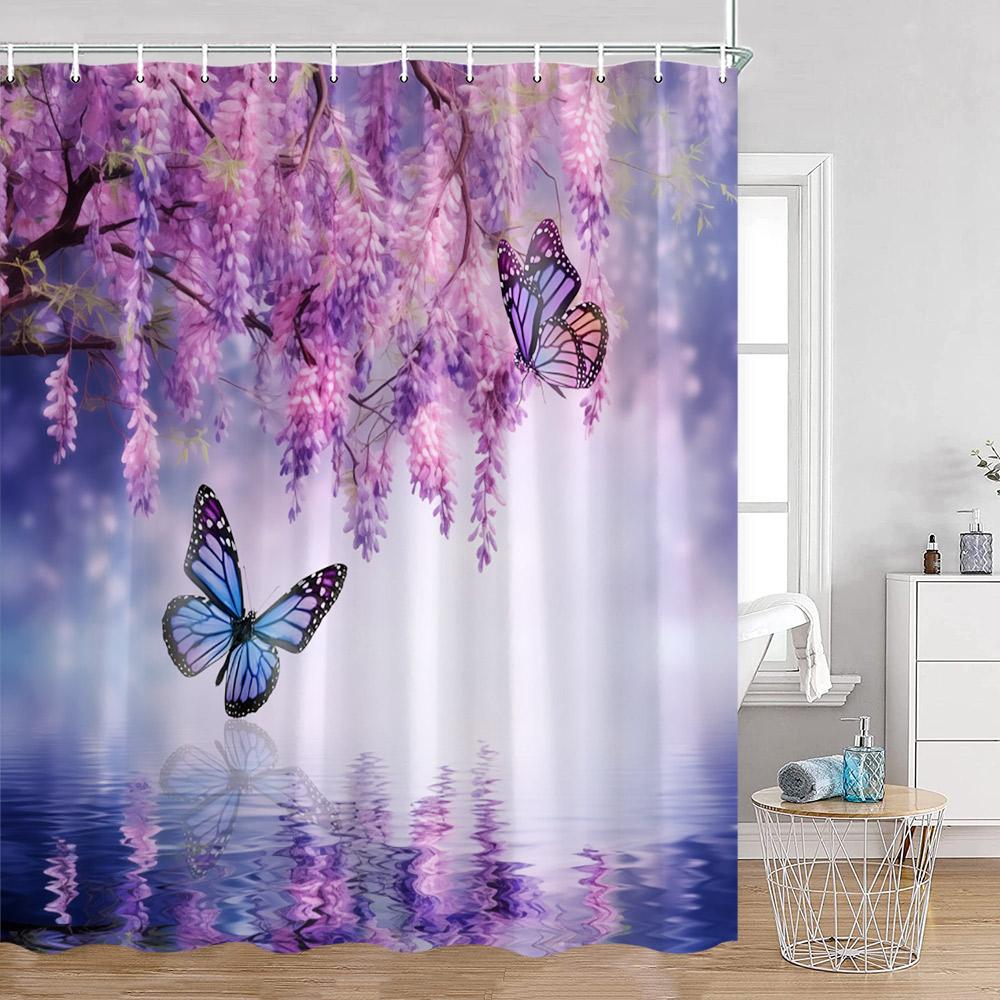 Purple Flowers Shower Curtains Wisteria Lavender Butterfly Birds Pirple Floral Bathroom Decorations Modern Elegant Bath Curtain