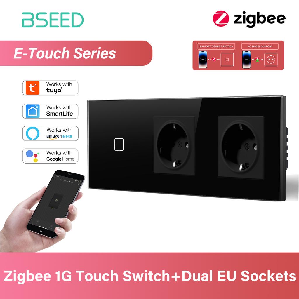 BSEED 1/2/3/4-fach Zigbee Touch-Schalter Glas mit EU-Steckdosen Intelligenter Wandlichtschalter Touchscreen Hintergrundbeleuchtung E-Serie