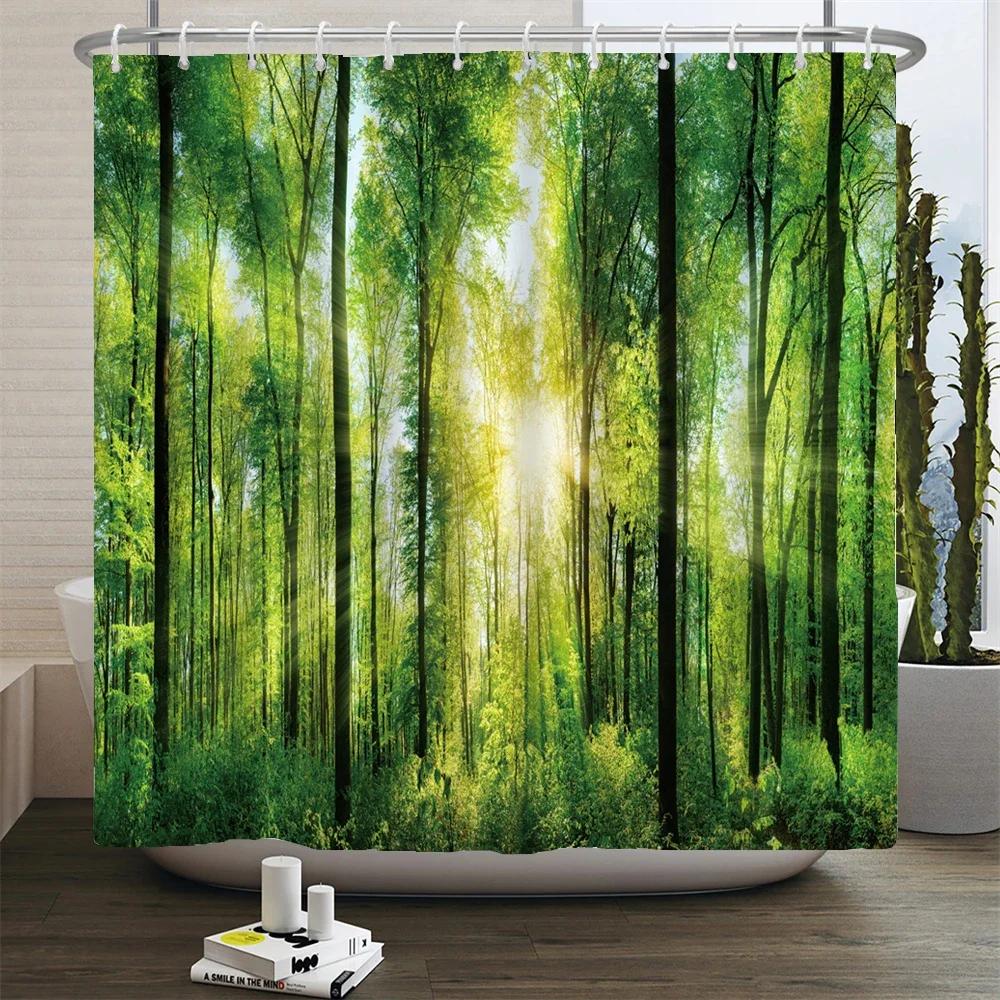 Naturwald Duschvorhang Wasserdicht Badezimmer Sichtschutz Bäume Landschaft Vorhänge Polyester Stoff Heimdekoration Badezimmer Vorhänge