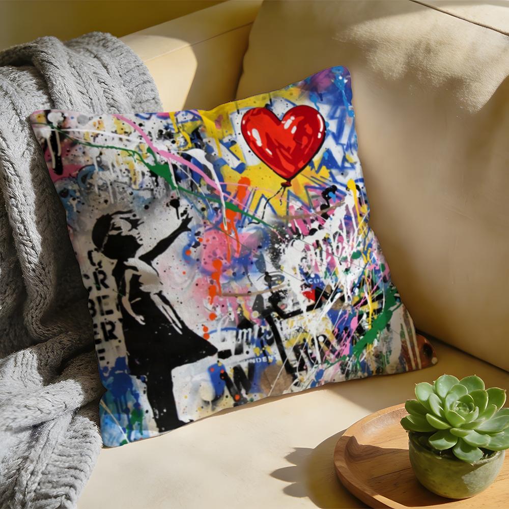 Cushion Cover Washed Linen Soft Breathable Decorative Case for Sofa Home Pillow Cover Banksy Street Graffiti Art