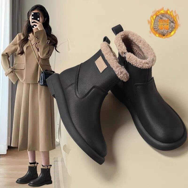 Leather Snow Boots Women's 2025 New Winter Martin Boots Lamb Velvet Warm Short Boots Waterproof Cotton Shoes Boots