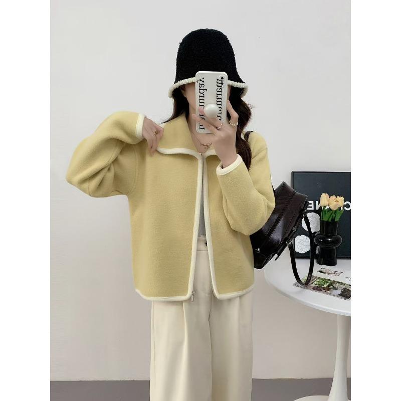 

Весенний новый кардиган из двусторонней шерсти на молнии с отложным воротником в университетском стиле, свободный, мягкий и ворсистый, женский one size fits all жёлтый