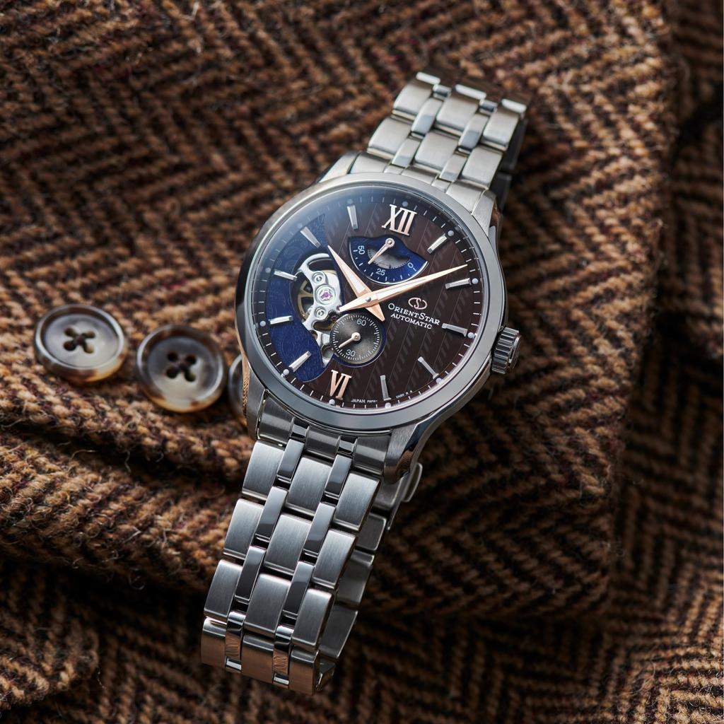 [Orient Star] Men's Japanese Automatic Watch, Layered Skeleton Design, Open Heart, Brown, Model RK-AV0B02Y