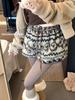 Women's High-Waisted Casual Caramel Lamb Wool Shorts - Winter Loose Fit Fair Isle Pattern