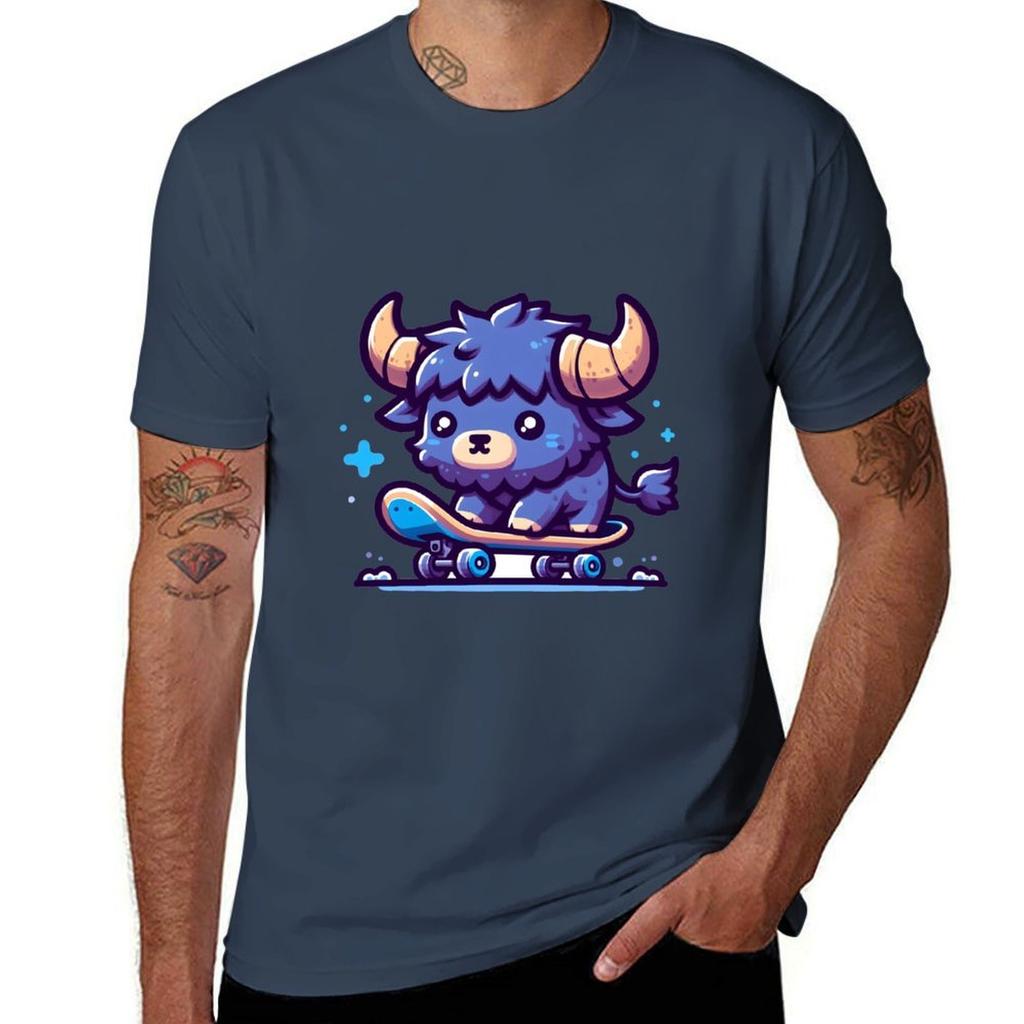 Kawaii Curious Minotaur With Skateboard Tshirt Casual Loose Daily Wear Tshirt