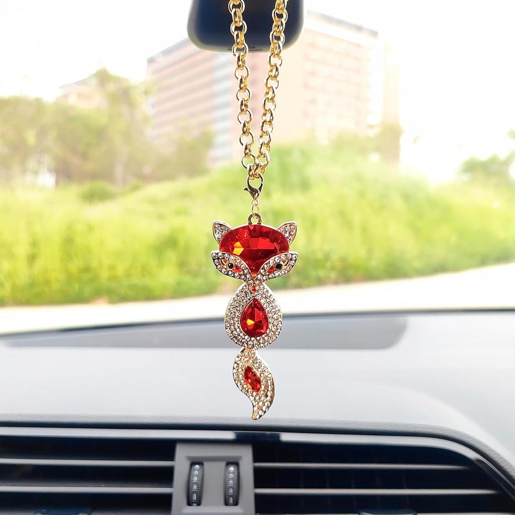 Sparkling Crystal Fox Rear View Mirror Accessories, Bling Fox Cute Car Accessories for Women Interior Decor, Little Car Hanging Ornament/Bag Charms