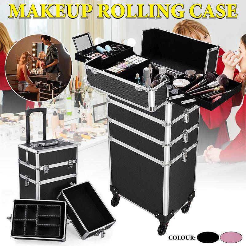 Professioneller Kosmetikkoffer mit großer Kapazität, tragbarer Aluminium-Make-up-Organizer-Koffer-Trolley für Damen, Reise-Make-up, Pink/Schwarz, 4-in-1