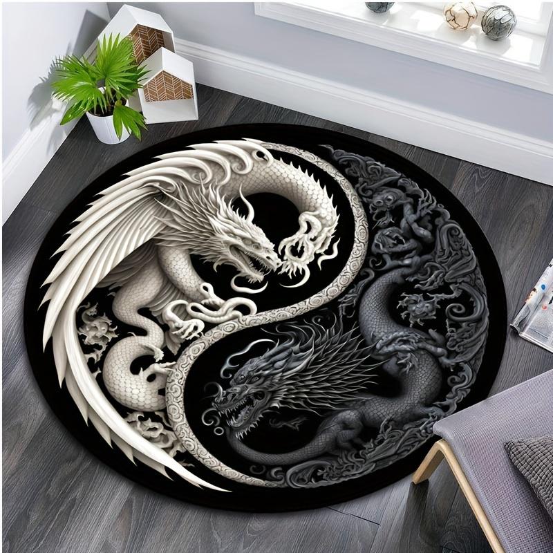 1Pcs Gothic Dragon Pattern Round Area Rug Indoor Non-Slip Washable Carpet, Non-Shedding Mat For Bedroom Living Room Office Machine Washable