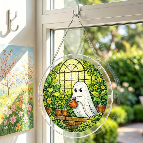 yangyizhi Halloween Scary Bat Pumpkin Acrylic Jigsaw Puzzle Suncatcher, Stained Glass Style Window Hanging Decor for Home, Garden, Gift Family Friends