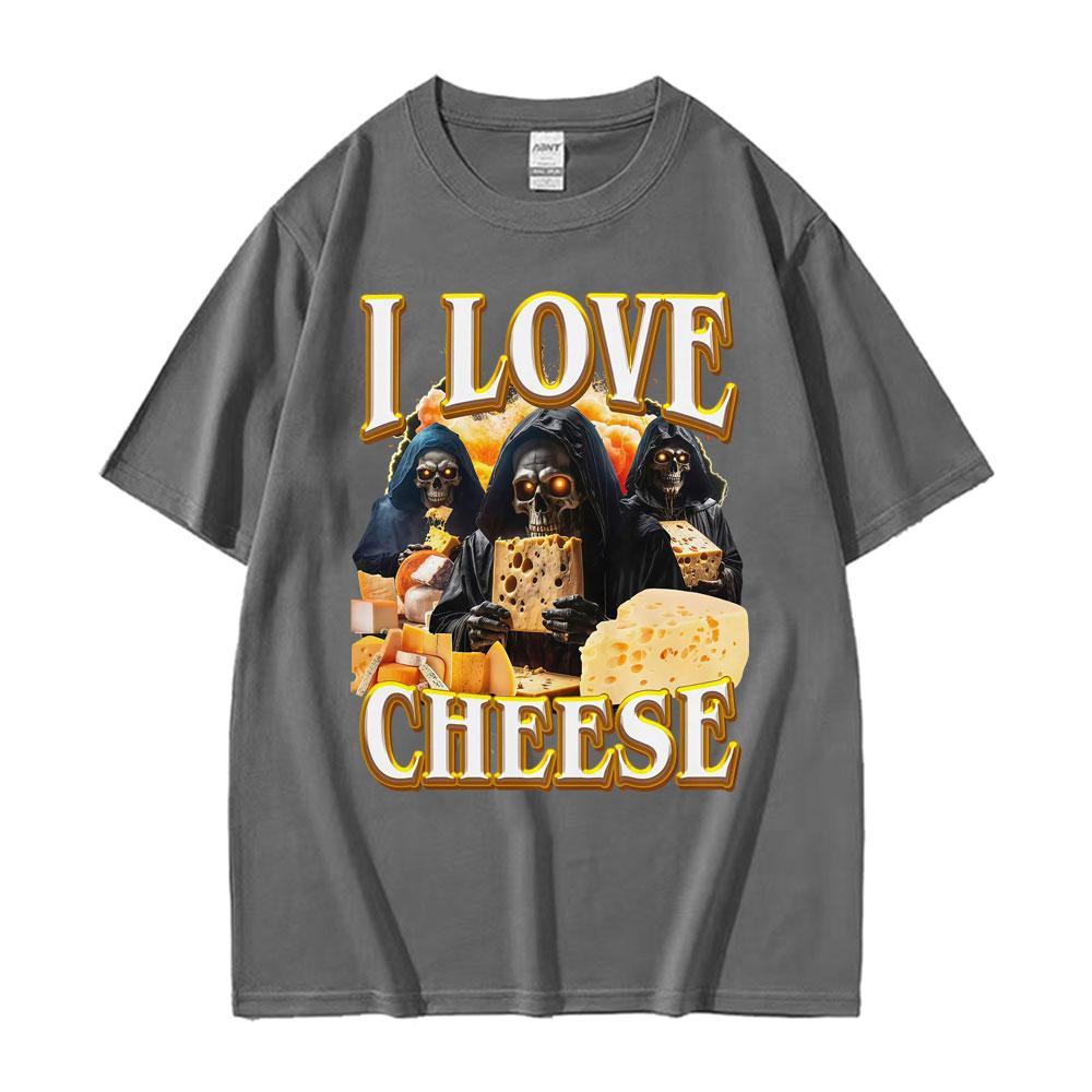 Funny Vintage Skeleton I Love Cheese Meme T Shirts Gothic Graphic T-shirts Men's Women Summer Crewneck Cotton T-shirt Streetwear