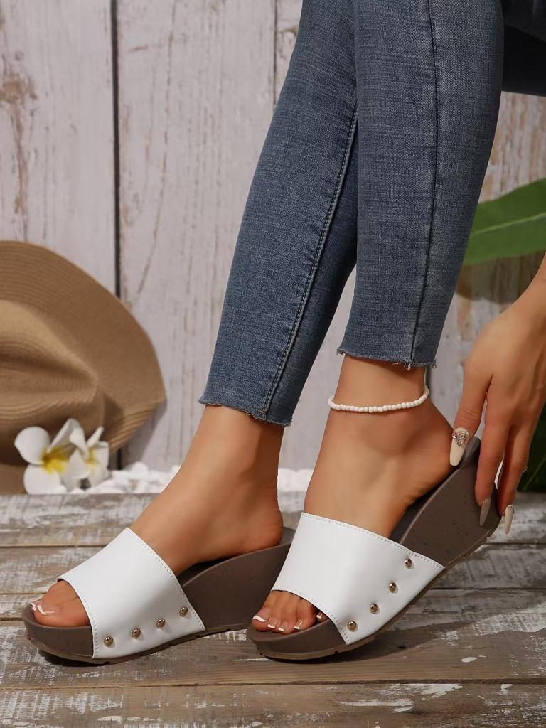 2025 Summer Large Size New Large Size Women's Shoes European and American One-word with Light Slippers Thick-soled Wedge Heel Muffin Sandals