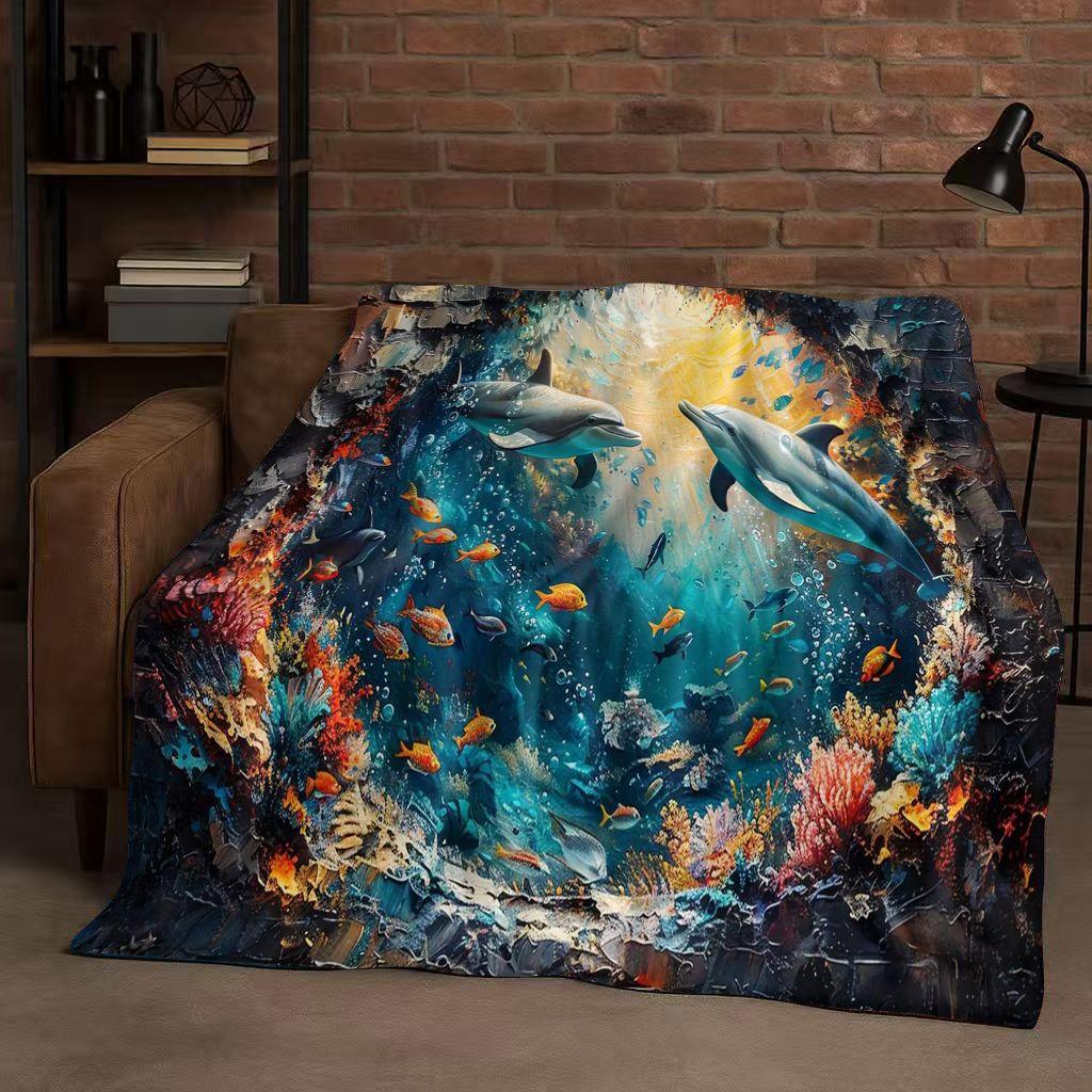 3D Illusion Underwater World Breaking Wall Art Flannel Blanket,Ultra Soft Warm Plush Throw for Home Bedroom Bed Sofa Cover Gift