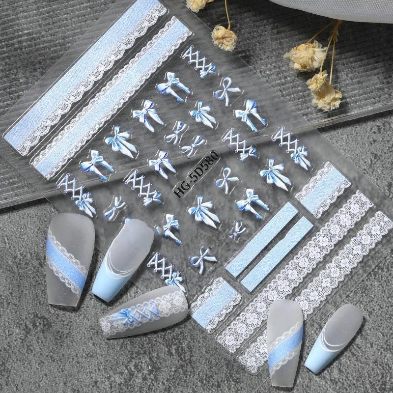 Ballet Bow Lace Nail Art Stickers 5D Embossed Self Adhesive Decals for DIY Manicure and Home Use