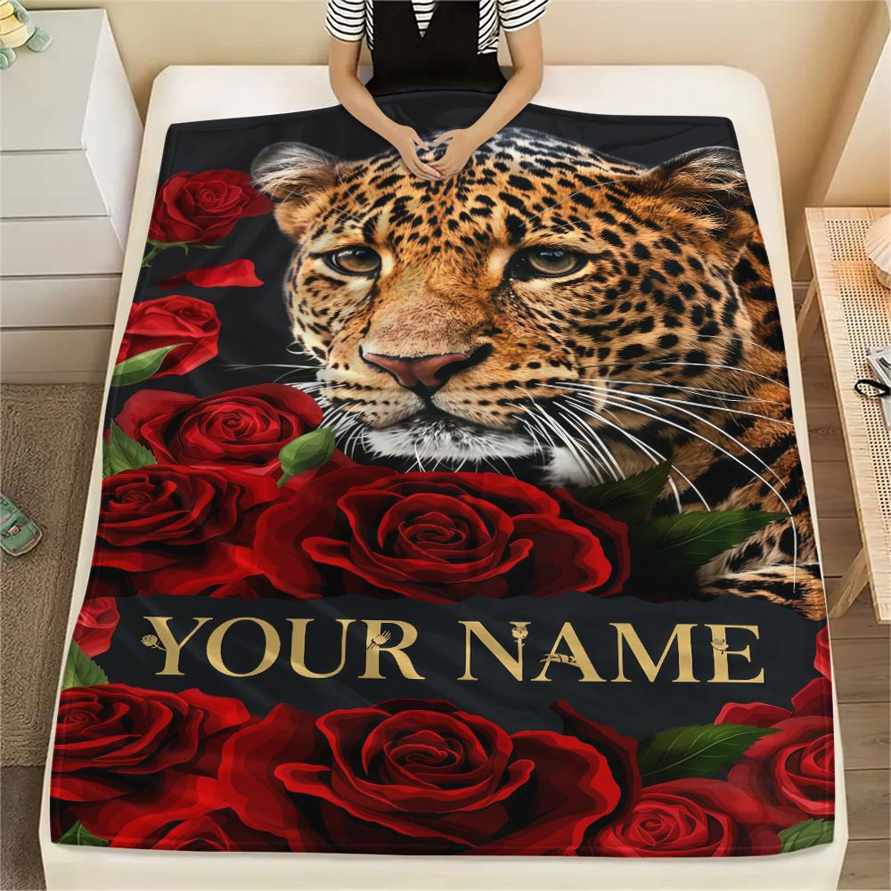1PC Custom Name Galactic Leopard Majesty Patterned Flannel Blanket Suitable For All Seasons for Home Decor Warmth and Comfort Gifts Holiday Present_lx