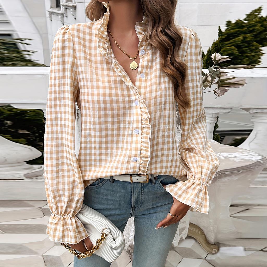 Women's Plaid V-neck Shirt Ruffled Shirt Long Sleeve Top