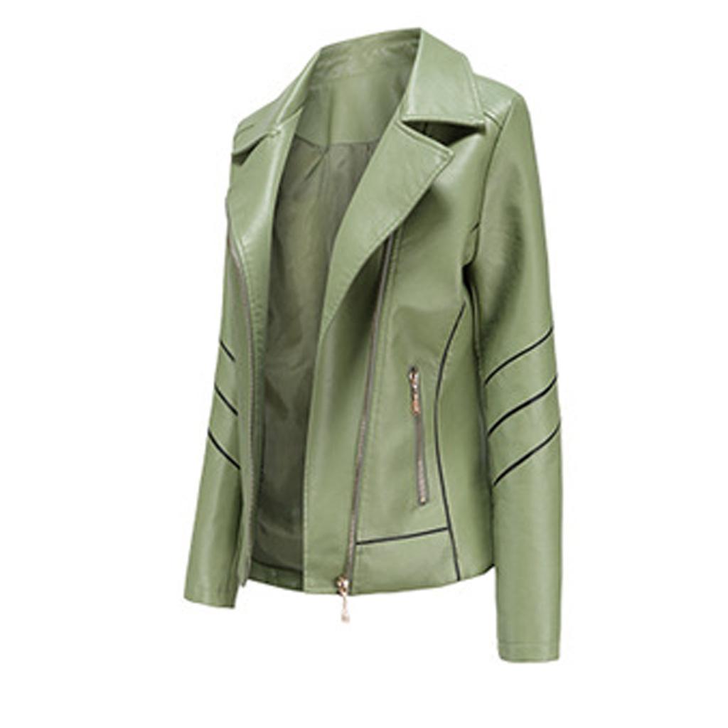 Dámská tenká kožená bunda se stojatým límečkem a zipem s prošíváním v jednobarevné barvě