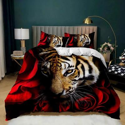 Tiger-Bettbezug-Set, rote Rose, Blumen-Bettbezug, Jungen, afrikanische Safari, wilde Tiere, große Katze, Queen-King-Size-Polyester-Quilt-Bezug