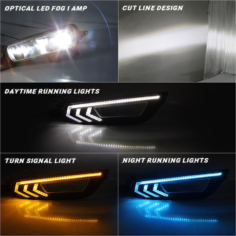 For Ford Focus DRL Led Fog Lamps Chrome Trim 2015 2016 2017 2018 Daytime Running Lights Dynamic Turn Signal White Yellow Blue