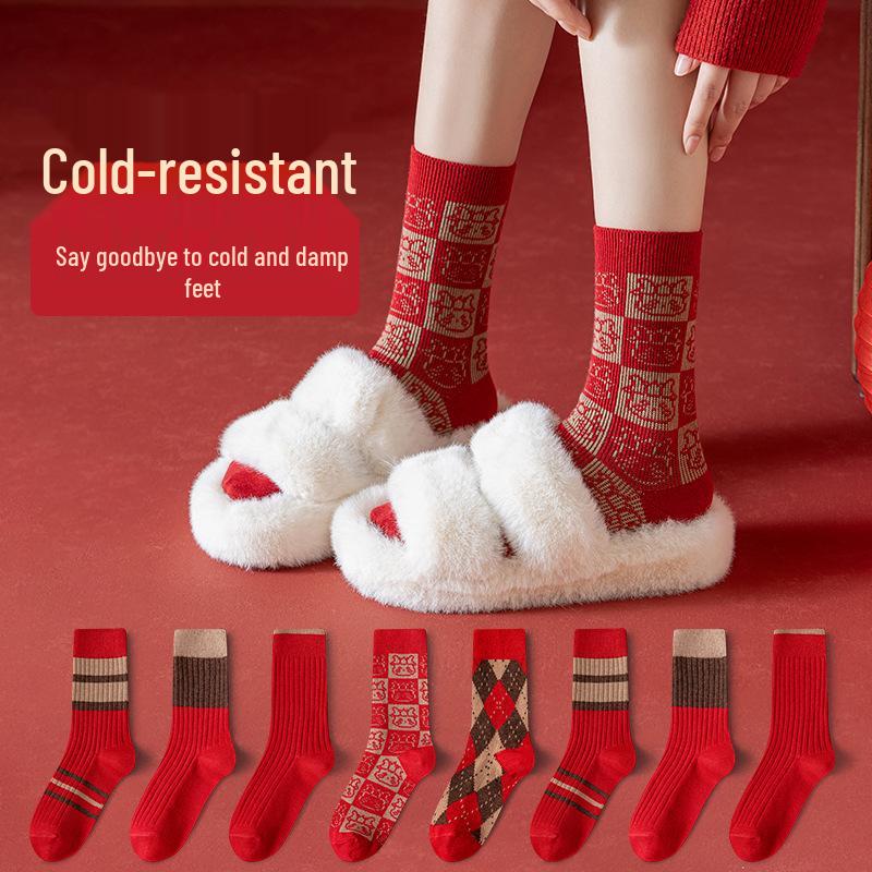 Damskie ciepłe czerwone kaszmirowe skarpety do połowy łydki - Miękkie, odporne na zimno, eleganckie niezbędniki zimowe