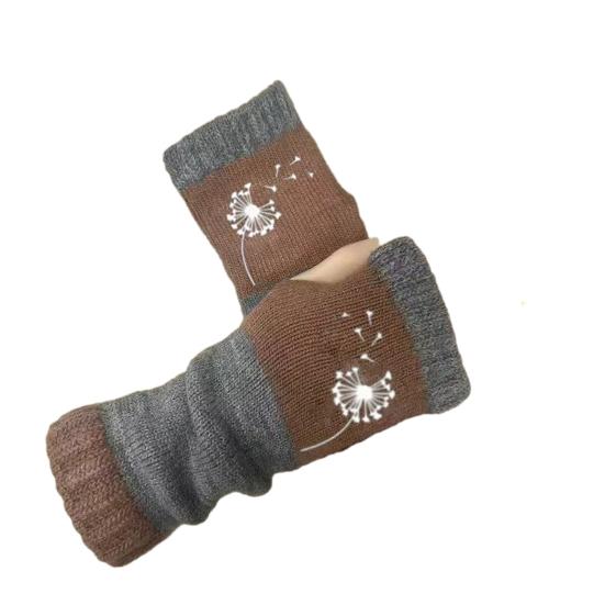 Knitted Fingerless Gloves Women Color-Block Knit Gloves Half-Finger Warm Gloves with Embroidered Dandelion Pattern for Texting Typing Writing