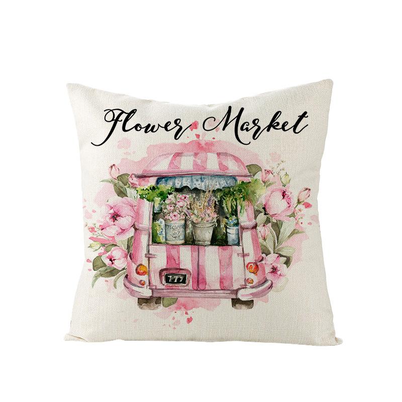 Spring Floral Pillowcase Linen Printed Sofa Pillowcase Pink Truck Bedroom Cushion Cover