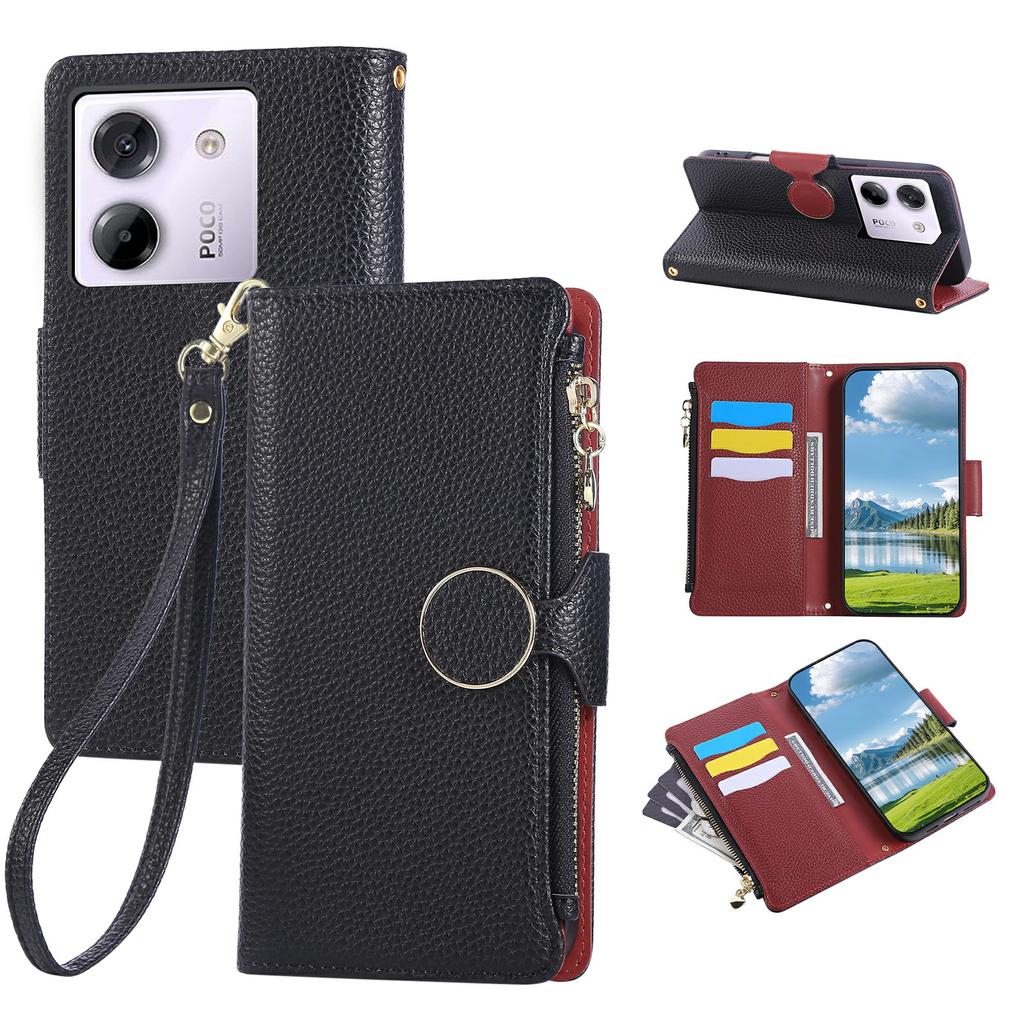 Etui na Xiaomi Poco M7 Pro 5G Skórzane Etui Portfel na Zamek Błyskawiczny z Paskiem na Nadgarstek