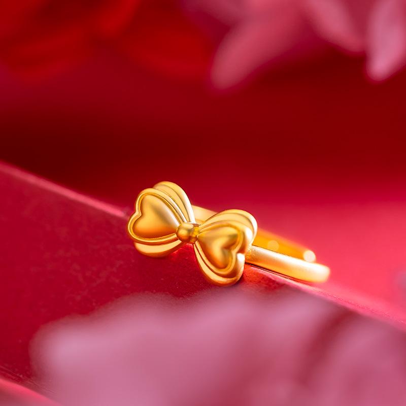 Gold-Plated Princess Bow Adjustable Ring with Diamonds - Sweet Open Design for Women