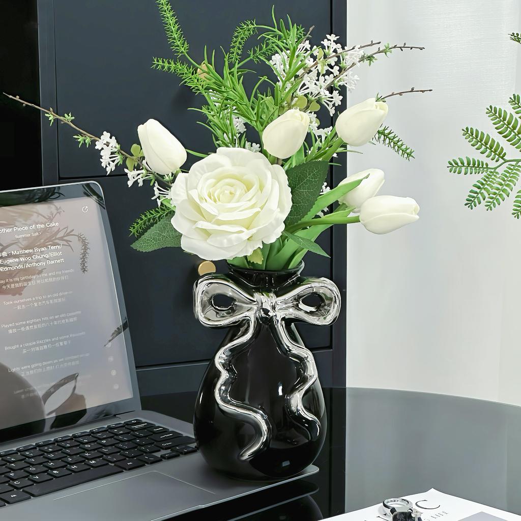 Ceramic Vase with Cute Bow Three-dimensional Ribbon Cartoon Bow Flower Vase Floral Arrangement Accessories Home Decoration