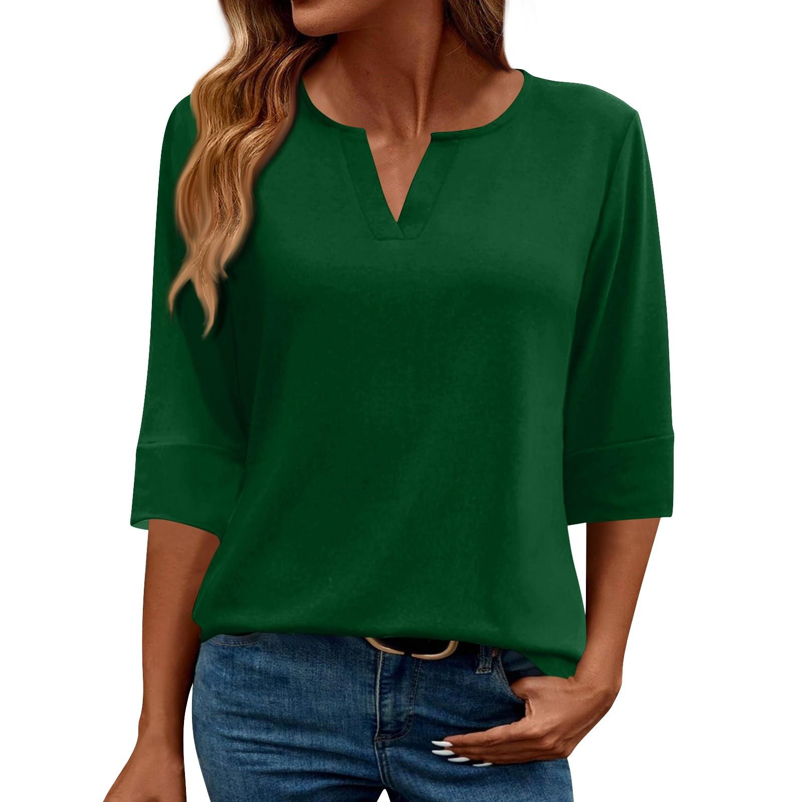 

Жіноча мода Повсякденна футболка з V-подібним вирізом, рукавом 3/4, вільного крою, однотонна, жіночий топ L армія зелений колір