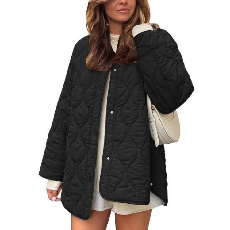 

Quilted Puffer Jacket for Women Winter Lightweight Casual Long Sleeve Button Down Padded Coat with Pockets Outerwear S чёрный