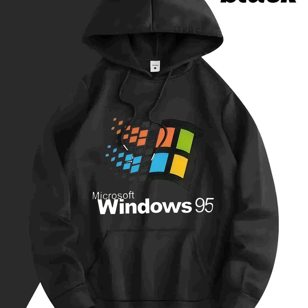 Men's Retro Windows 95 Graphic Hoodie Dark Grey Pullover Sweatshirt Retro Gaming Hoodie for Tech Enthusiasts