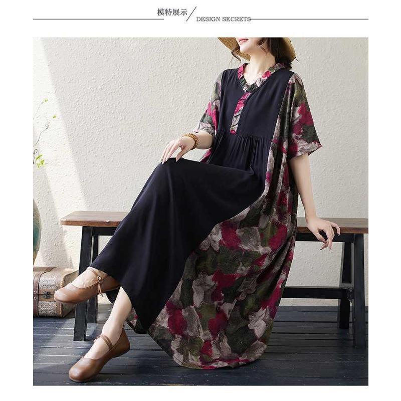 Summer New Literary Large Size Printing Splicing Wood Ear Lace Casual Swing Short Sleeve Long Dresses