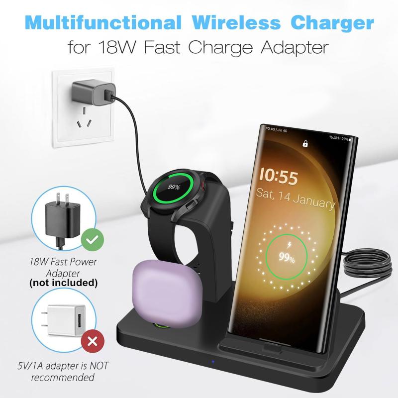 Charging Station 3 In 1 Fast Wireless Charger for Samsung S23 S22 S21 Note 20 10 Z Flip Z Fold for Galaxy Watch 6 5 Pro 4 3 Buds