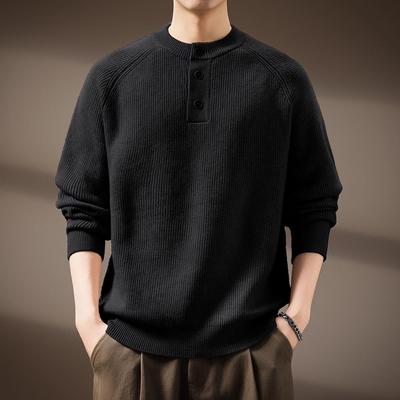 Men's Retro Henry Collar Knit Sweater - Cozy, Loose-Fit Base Layer for Fall & Winter