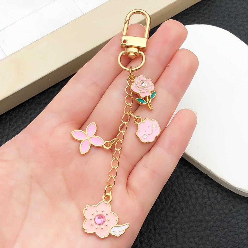 Pink Rose & Cherry Blossom Zinc Alloy Keychain Pendant