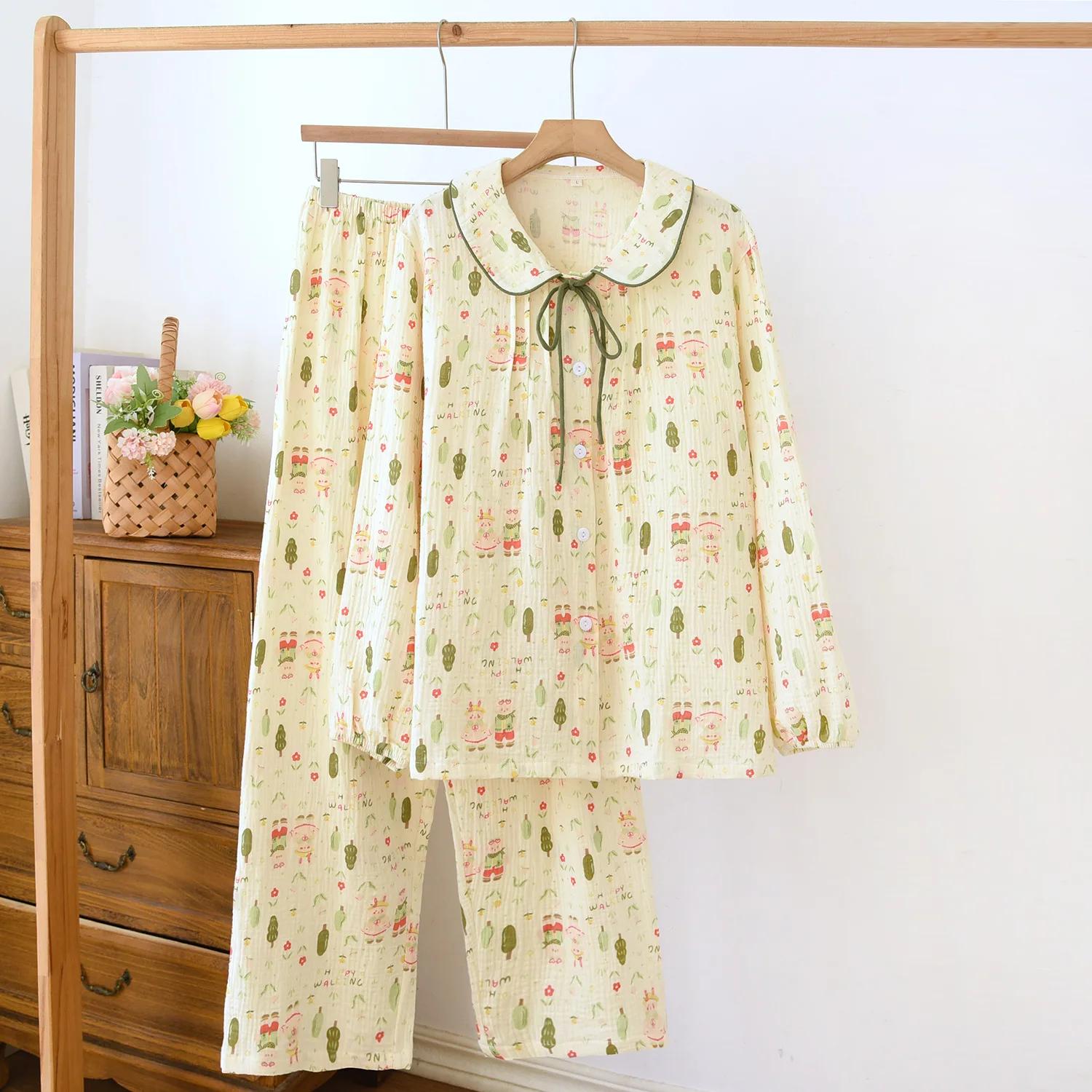 

2025 Новый весенне-летний женский пижамный комплект 100% хлопковый креп мелкоузорчатый свежий милый с длинным рукавом длинные брюки из двух предметов домашняя одежда L