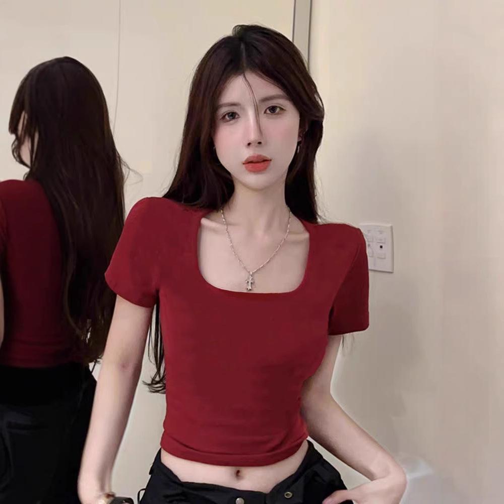 Summer U-neck short front shoulder short-sleeved T-shirt women's white showing thin collarbone design niche tight solid color top